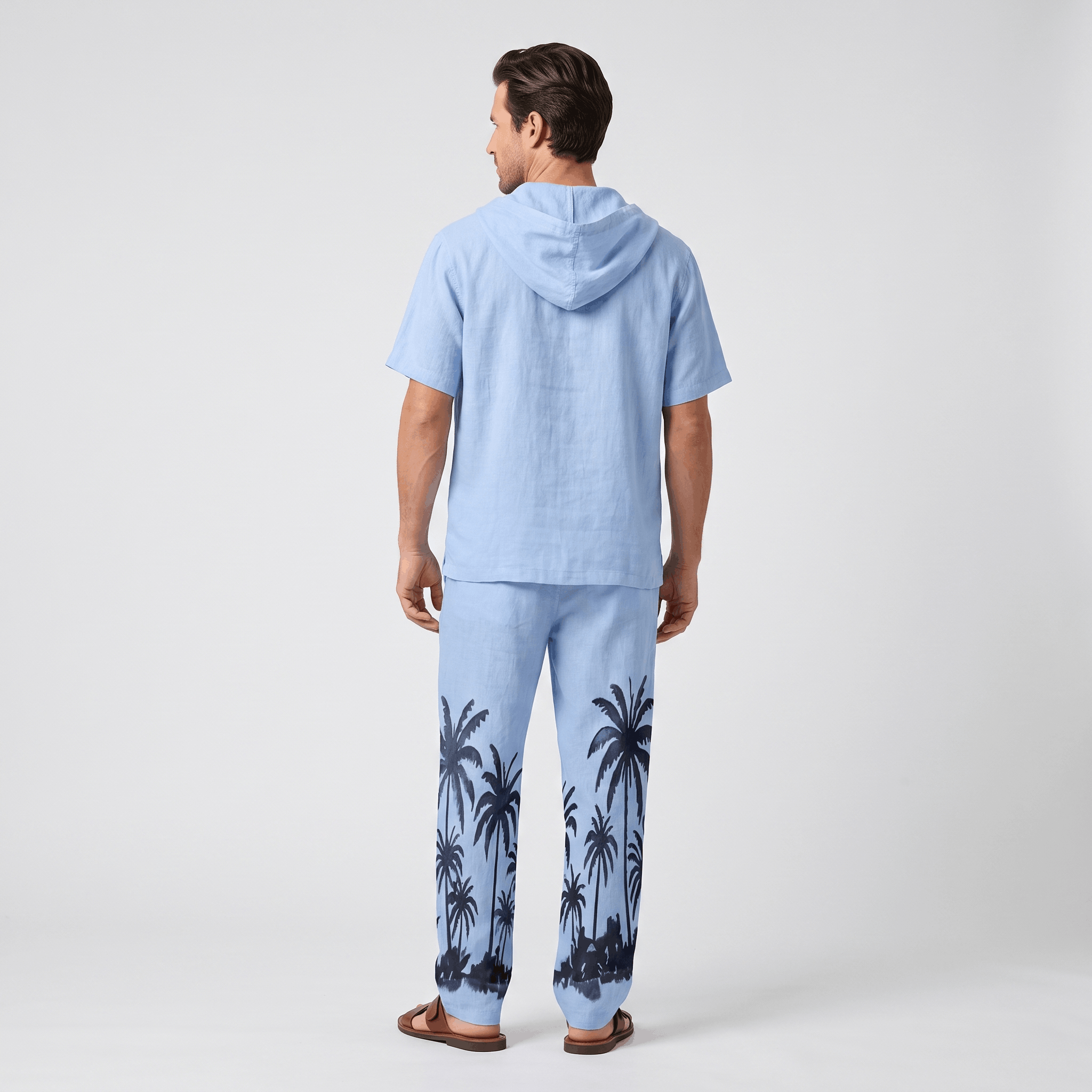 Lorenzo Linen Palm Print Set – Hooded Short-Sleeve Drawstring Outfit