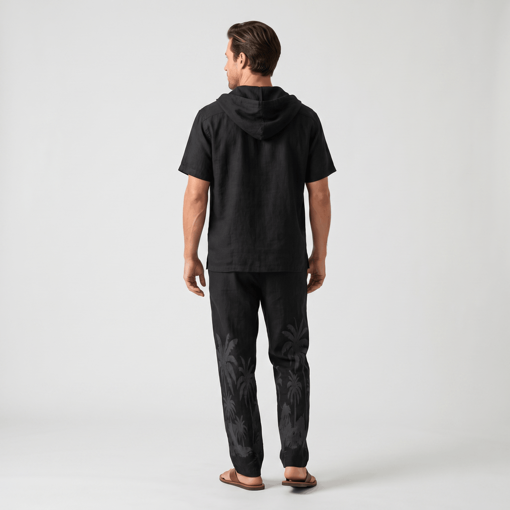 Lorenzo Linen Palm Print Set – Hooded Short-Sleeve Drawstring Outfit