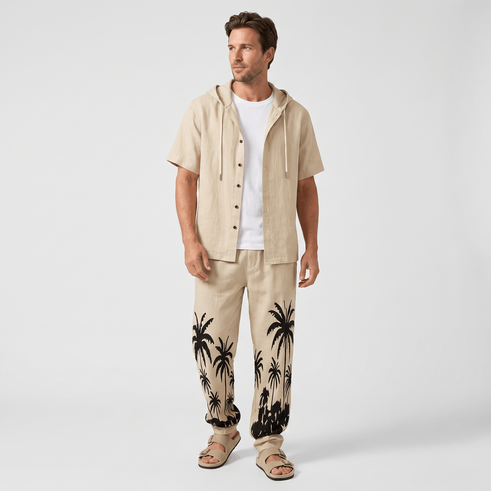 Lorenzo Linen Palm Print Set – Hooded Short-Sleeve Drawstring Outfit