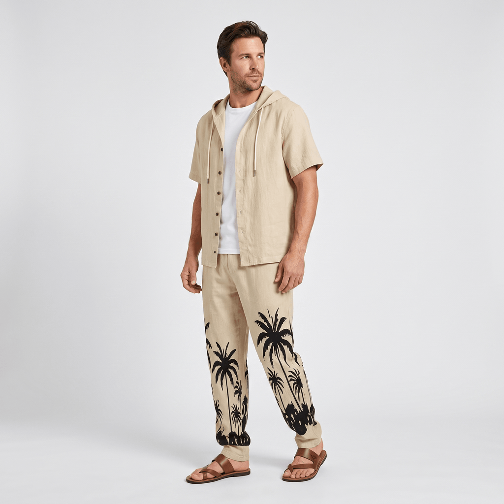 Lorenzo Linen Palm Print Set – Hooded Short-Sleeve Drawstring Outfit