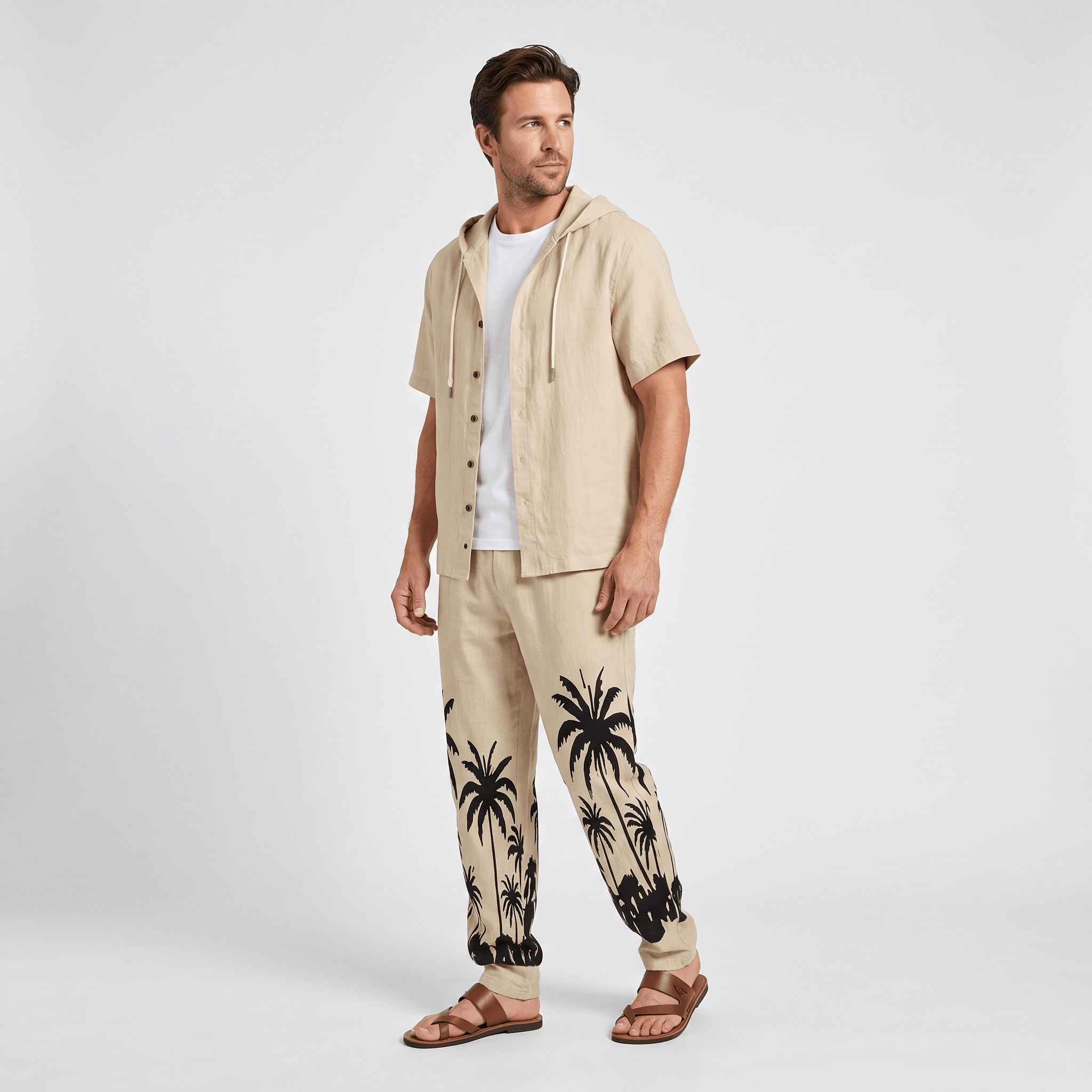 Lorenzo Linen Palm Print Set – Hooded Short-Sleeve Drawstring Outfit