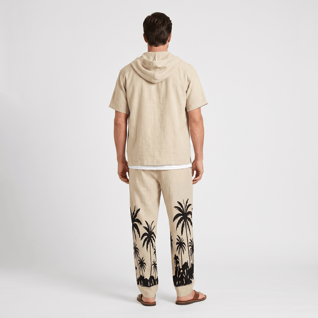Lorenzo Linen Palm Print Set – Hooded Short-Sleeve Drawstring Outfit