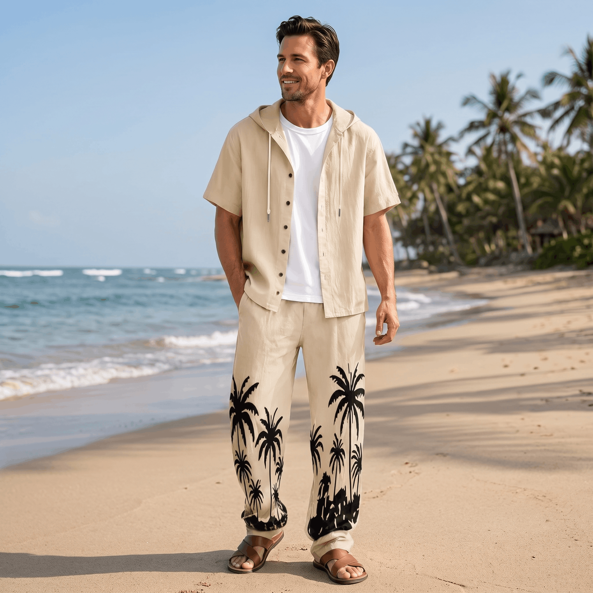Lorenzo Linen Palm Print Set – Hooded Short-Sleeve Drawstring Outfit