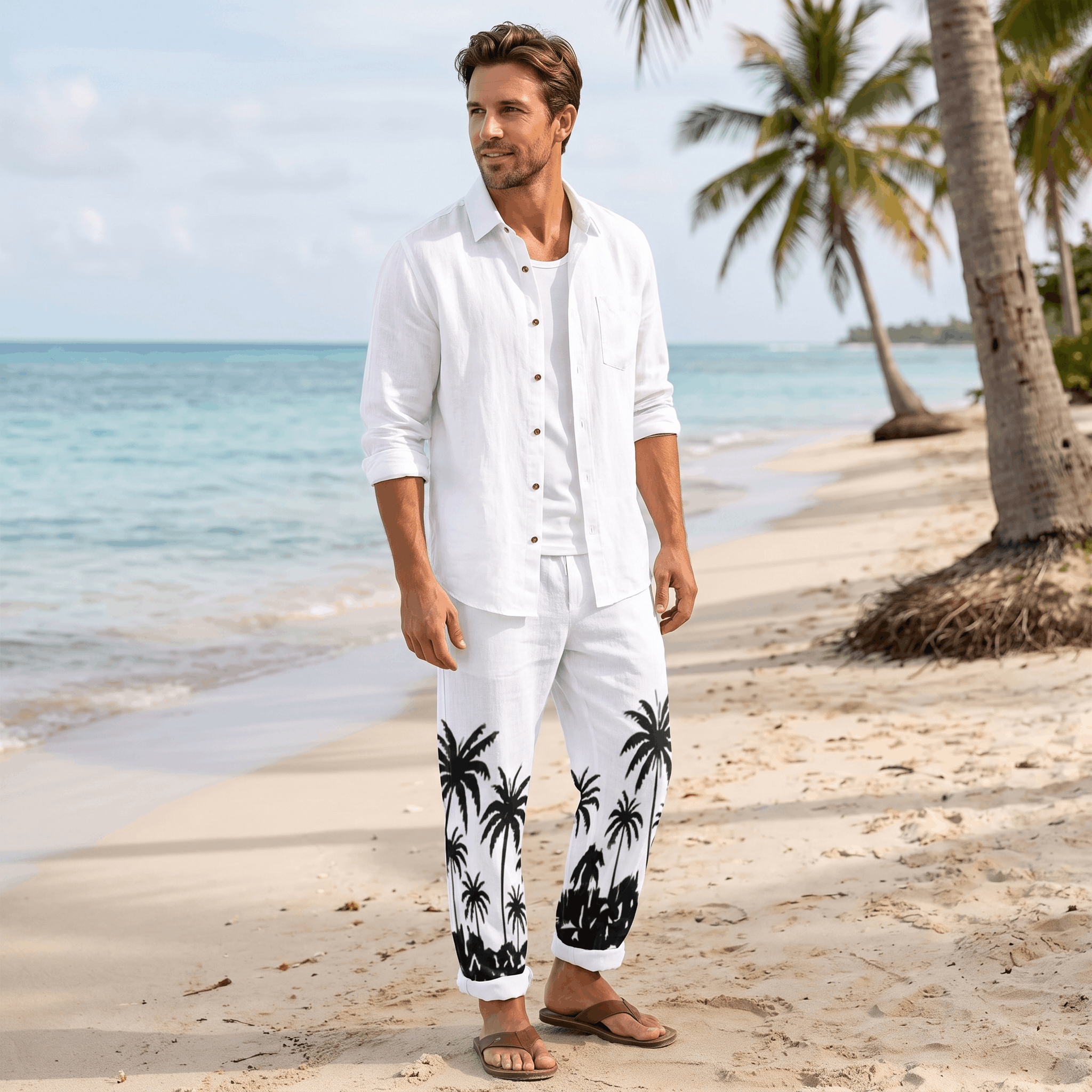 Lorenzo Linen Palm Print Set – Hooded Short-Sleeve Drawstring Outfit