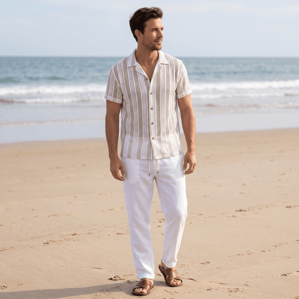 Jacob Striped Mesh Cuban Set – Open-Weave Linen-Blend Straight-Leg Outfit