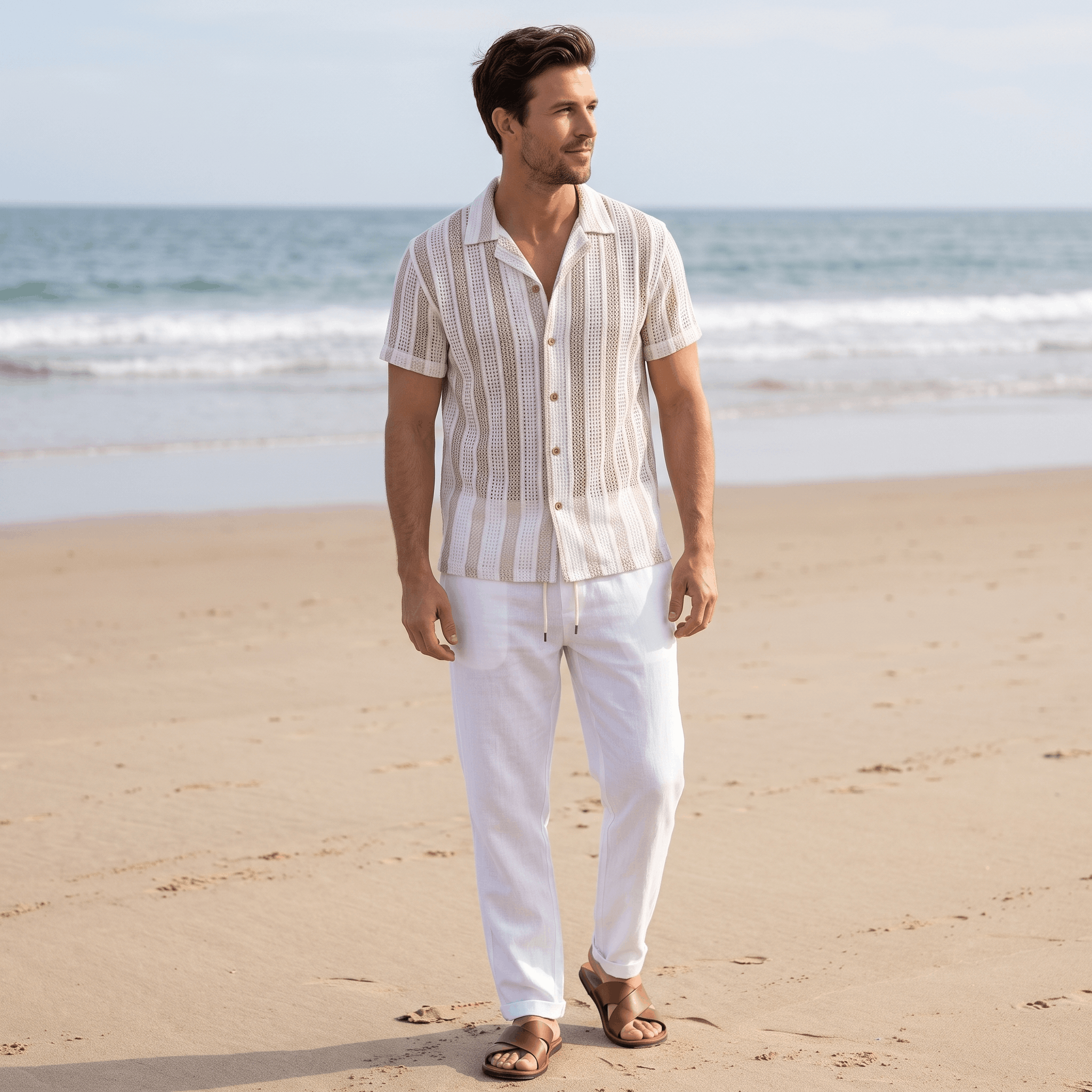 Jacob Striped Mesh Cuban Set – Open-Weave Linen-Blend Straight-Leg Outfit