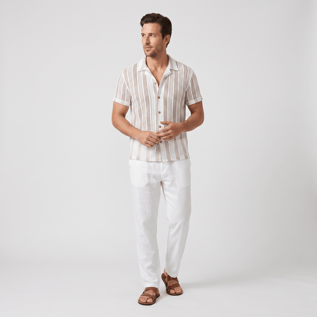 Jacob Striped Mesh Cuban Set – Open-Weave Linen-Blend Straight-Leg Outfit