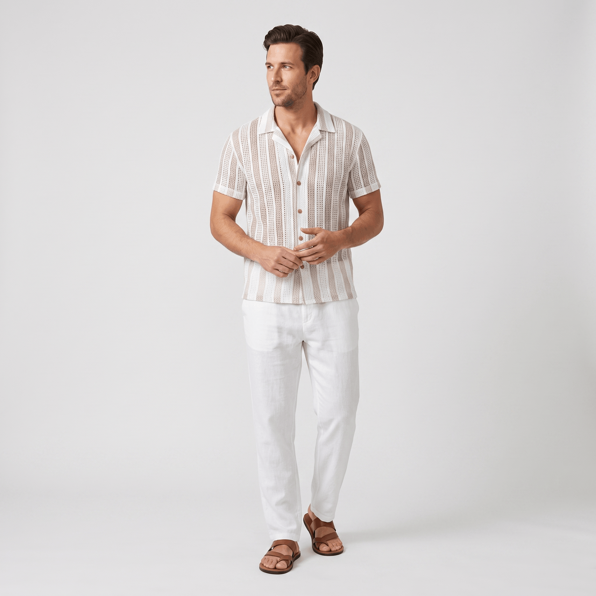 Jacob Striped Mesh Cuban Set – Open-Weave Linen-Blend Straight-Leg Outfit