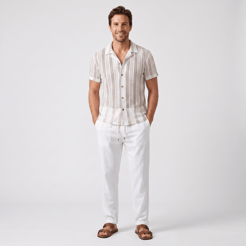 Jacob Striped Mesh Cuban Set – Open-Weave Linen-Blend Straight-Leg Outfit