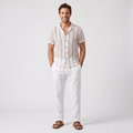 Jacob Striped Mesh Cuban Set – Open-Weave Linen-Blend Straight-Leg Outfit