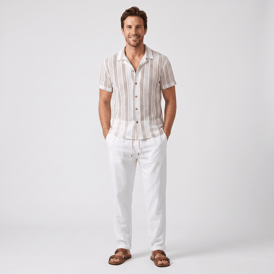 Jacob Striped Mesh Cuban Set – Open-Weave Linen-Blend Straight-Leg Outfit