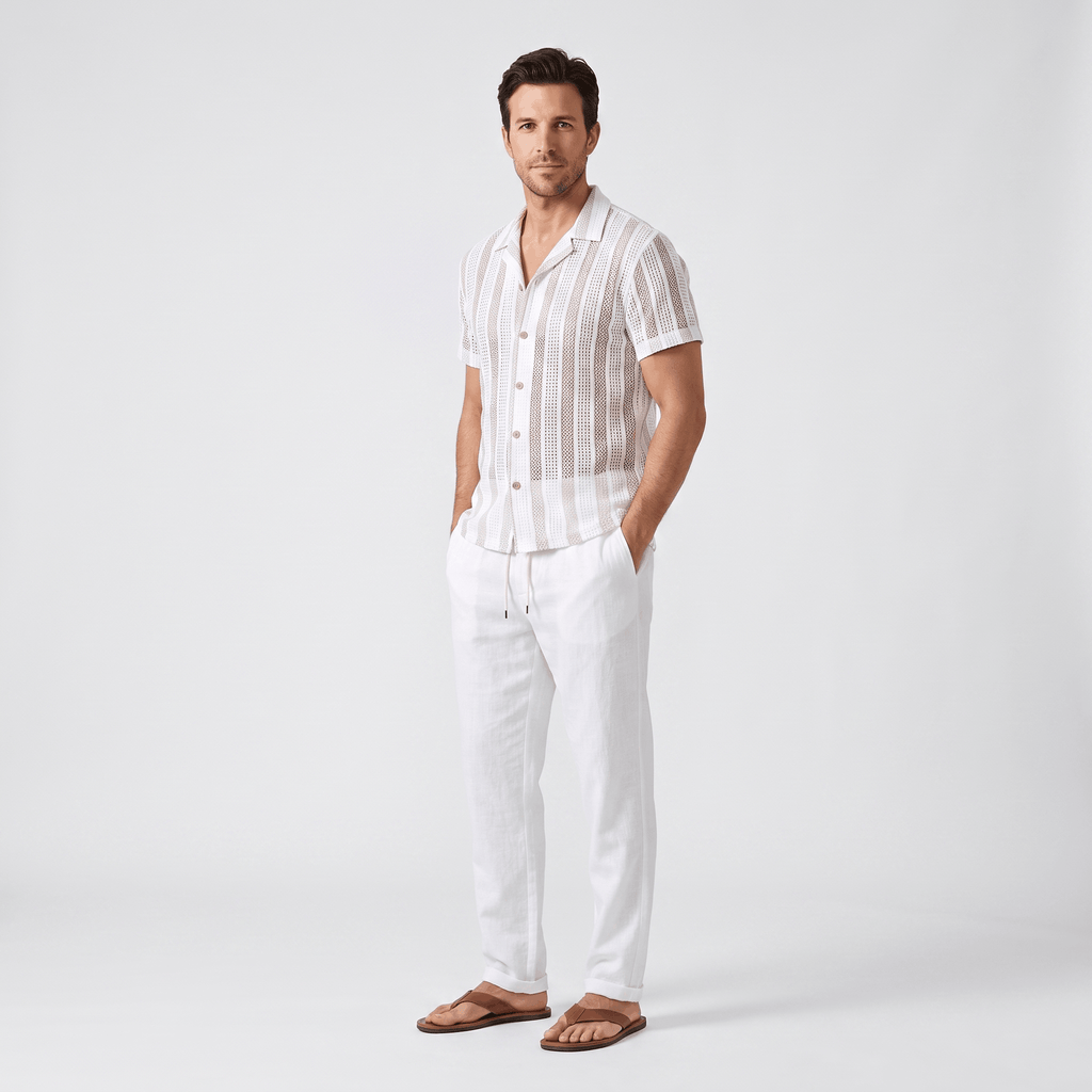 Jacob Striped Mesh Cuban Set – Open-Weave Linen-Blend Straight-Leg Outfit