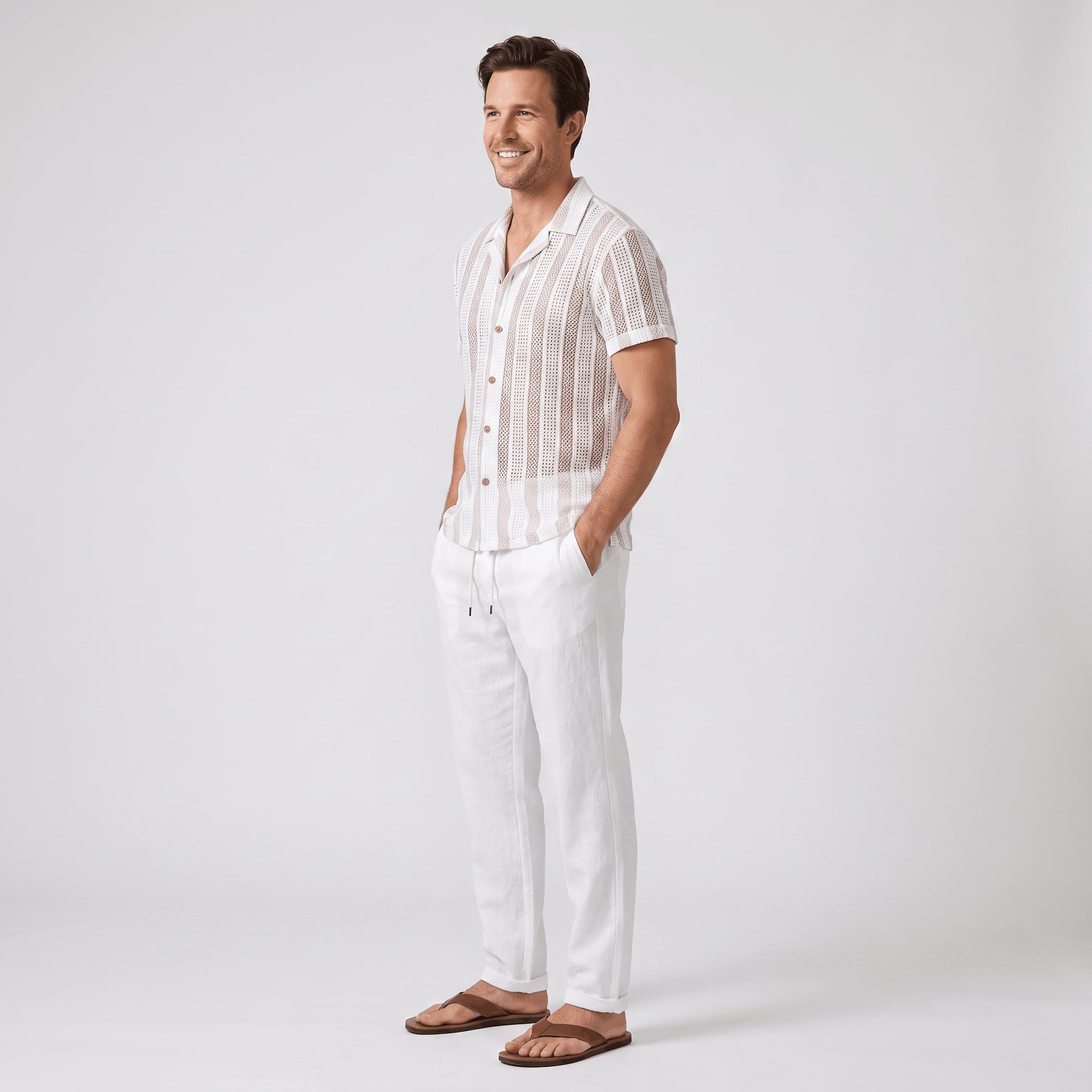 Jacob Striped Mesh Cuban Set – Open-Weave Linen-Blend Straight-Leg Outfit