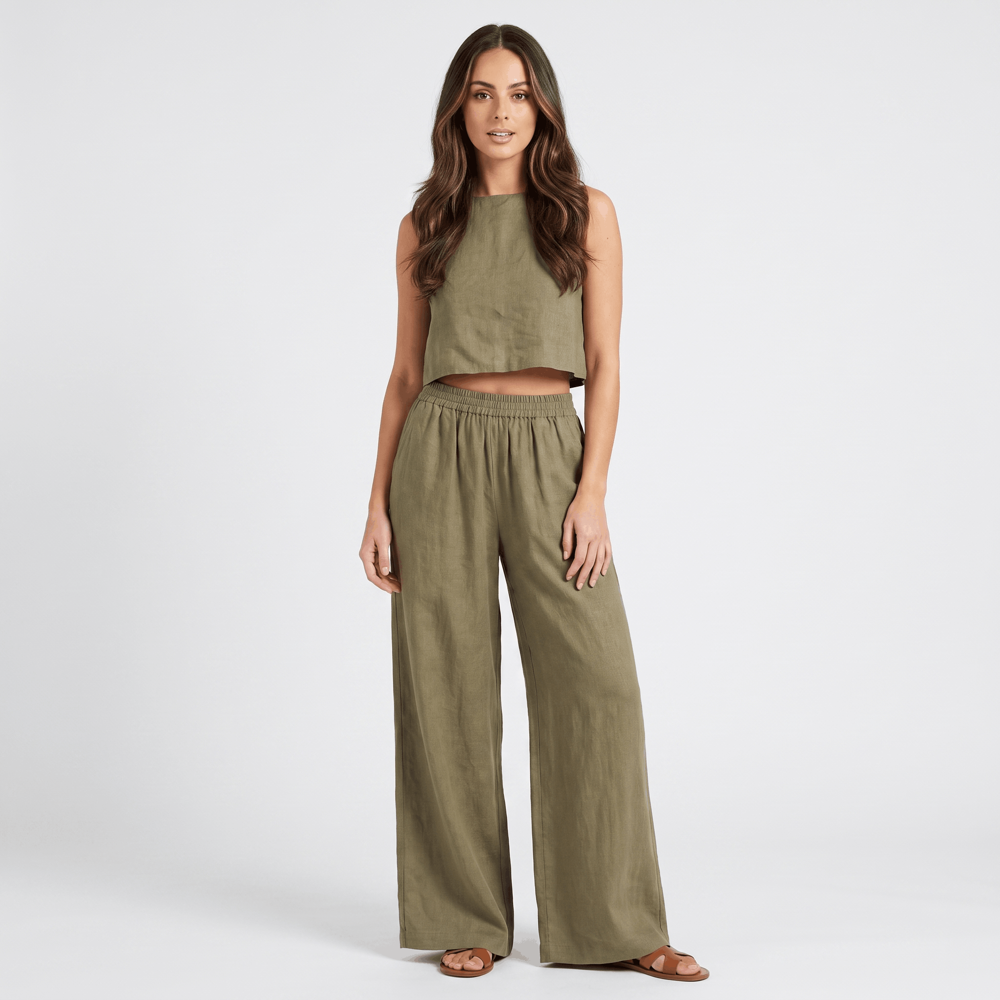 Maria Linen Blend Trouser Set – Sleeveless Cropped Top Wide-Leg Ensemble