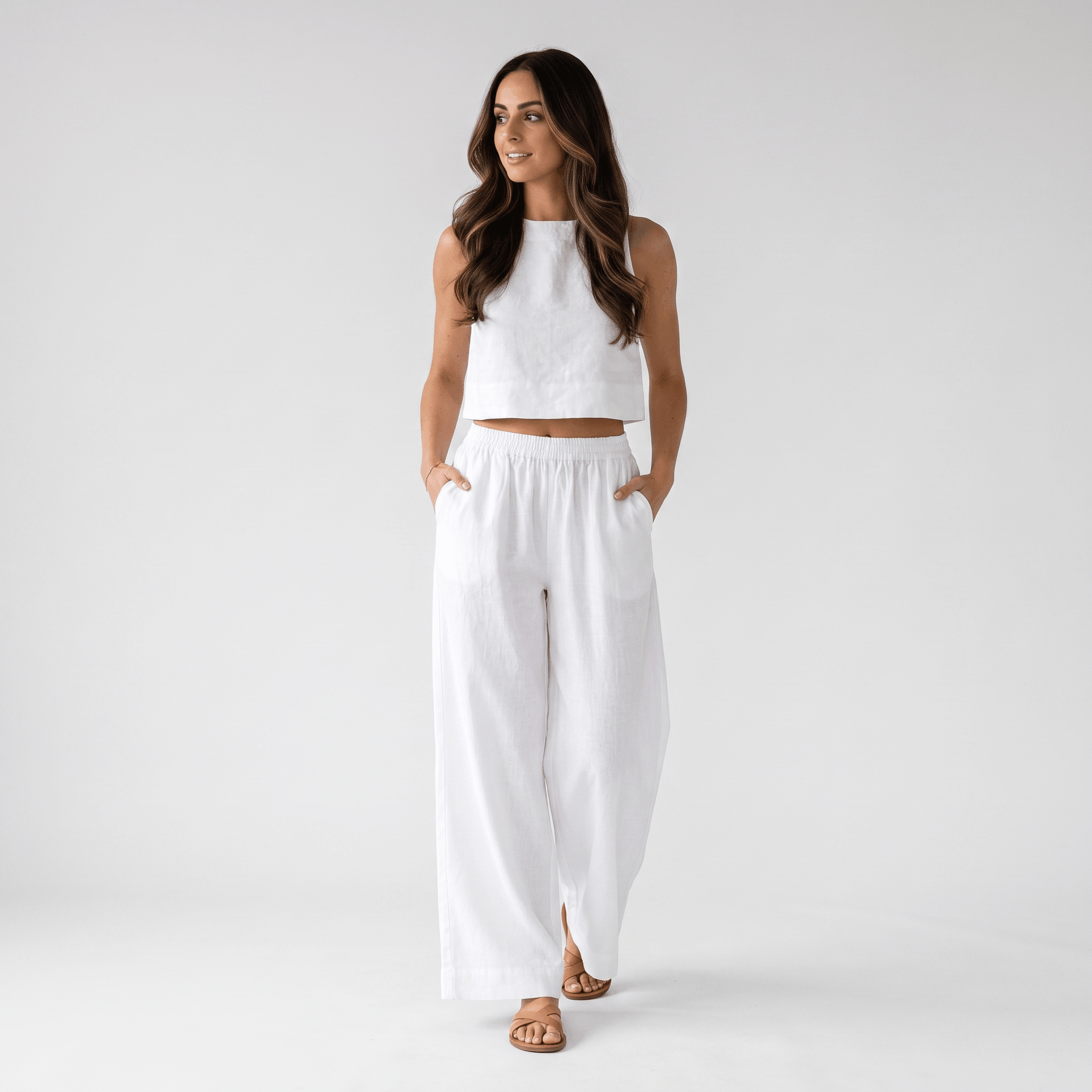 Maria Linen Blend Trouser Set – Sleeveless Cropped Top Wide-Leg Ensemble