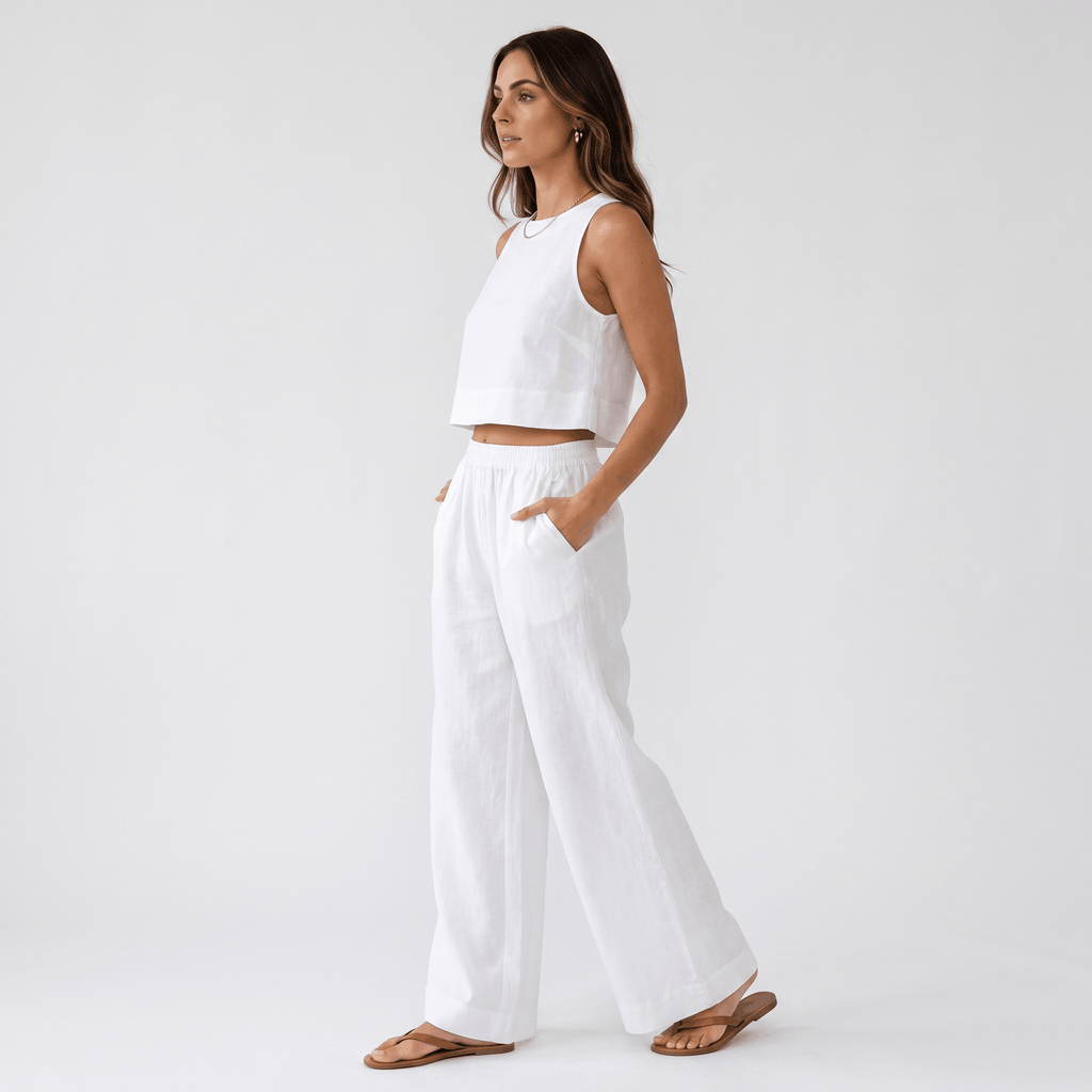 Maria Linen Blend Trouser Set – Sleeveless Cropped Top Wide-Leg Ensemble