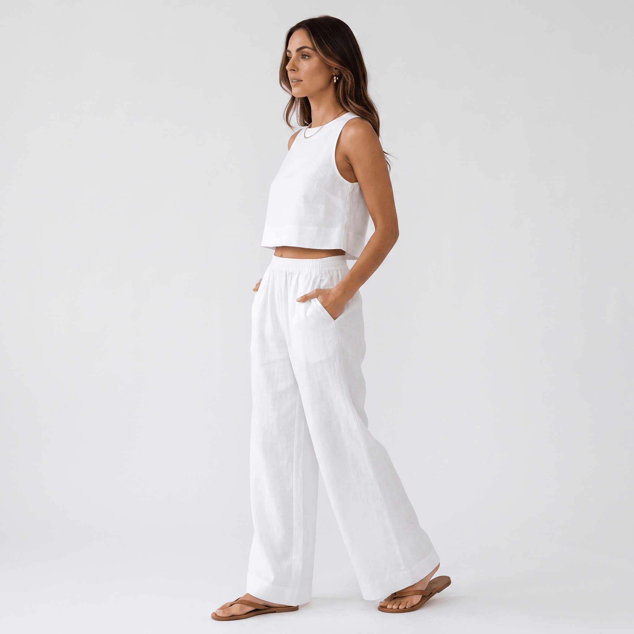 Maria Linen Blend Trouser Set – Sleeveless Cropped Top Wide-Leg Ensemble