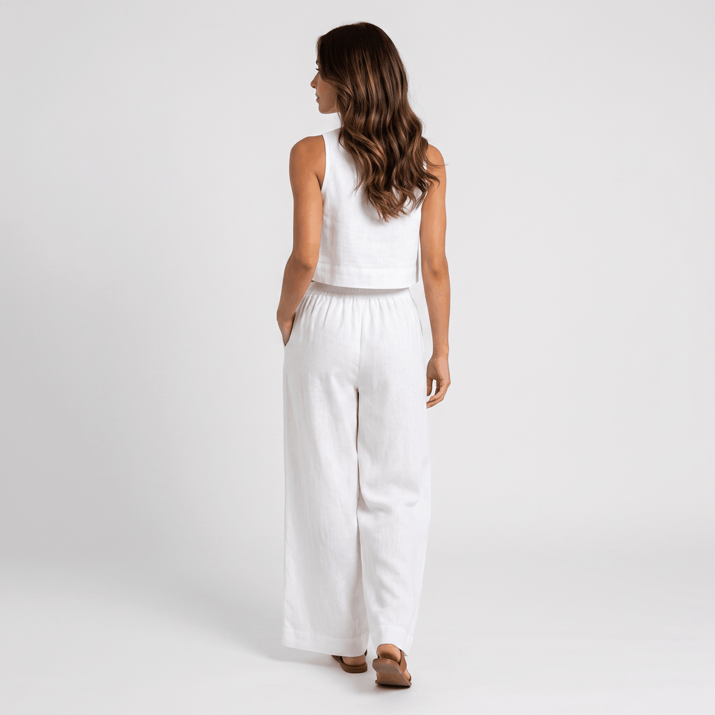 Maria Linen Blend Trouser Set – Sleeveless Cropped Top Wide-Leg Ensemble