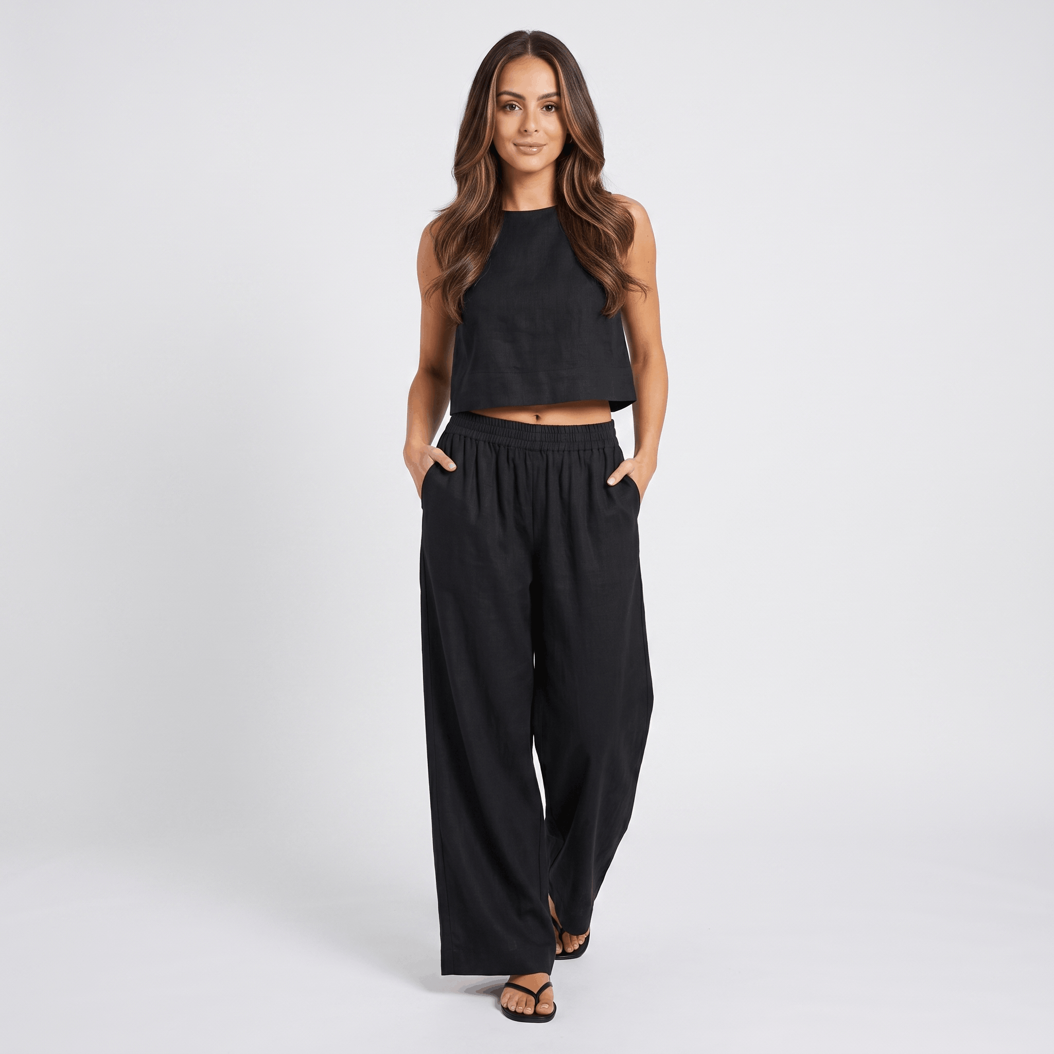 Maria Linen Blend Trouser Set – Sleeveless Cropped Top Wide-Leg Ensemble