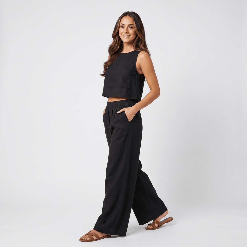 Maria Linen Blend Trouser Set – Sleeveless Cropped Top Wide-Leg Ensemble