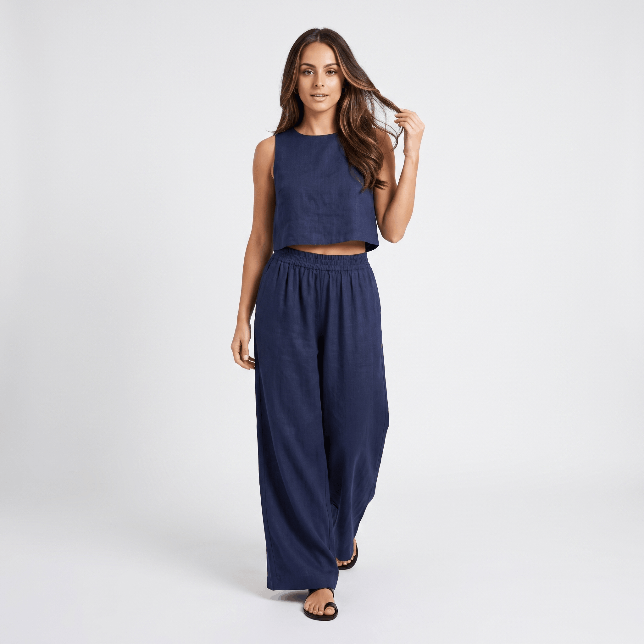 Maria Linen Blend Trouser Set – Sleeveless Cropped Top Wide-Leg Ensemble