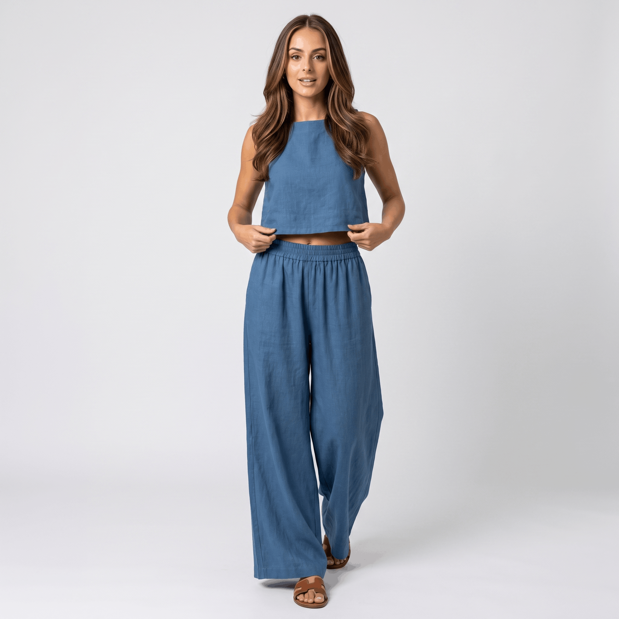 Maria Linen Blend Trouser Set – Sleeveless Cropped Top Wide-Leg Ensemble