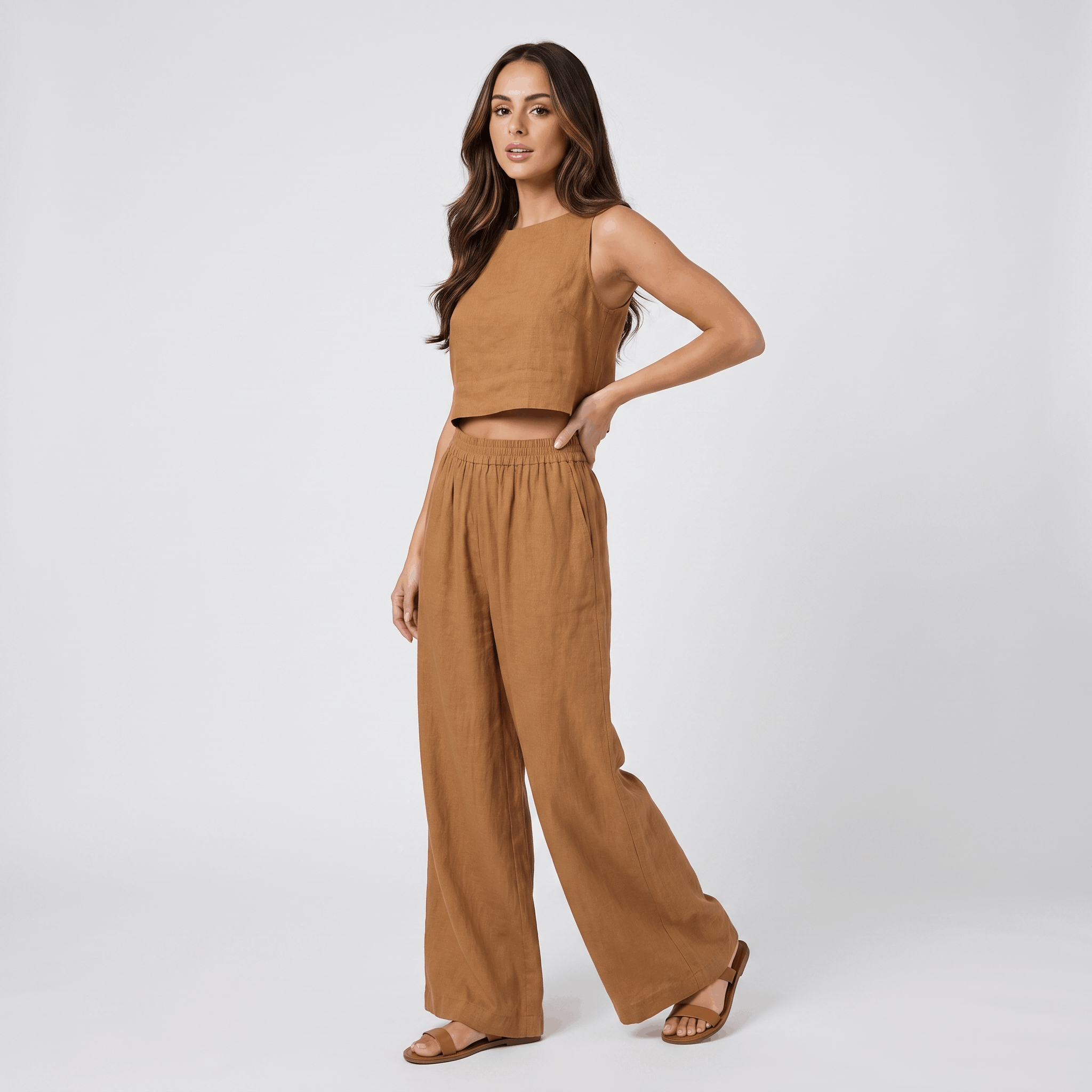Maria Linen Blend Trouser Set – Sleeveless Cropped Top Wide-Leg Ensemble