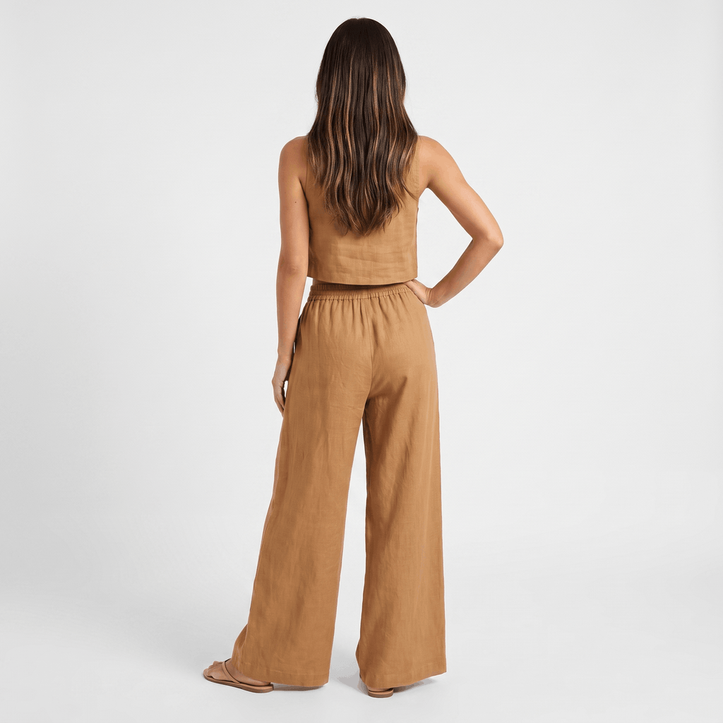 Maria Linen Blend Trouser Set – Sleeveless Cropped Top Wide-Leg Ensemble