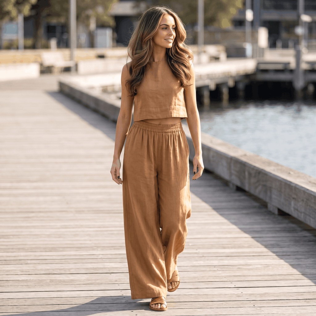 Maria Linen Blend Trouser Set – Sleeveless Cropped Top Wide-Leg Ensemble