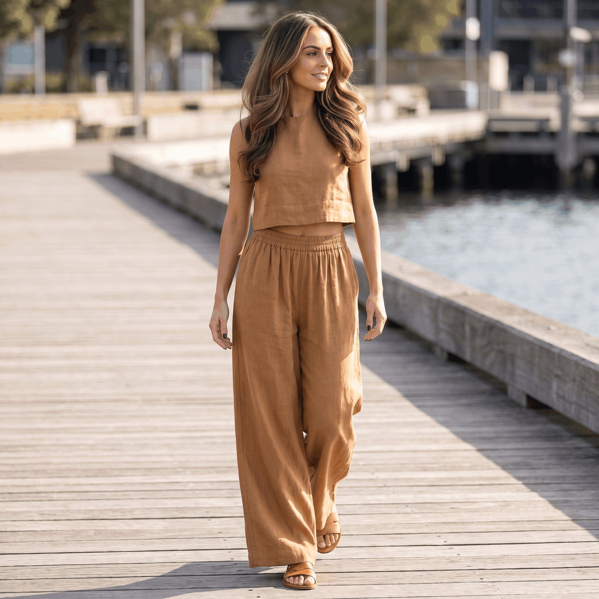 Maria Linen Blend Trouser Set – Sleeveless Cropped Top Wide-Leg Ensemble