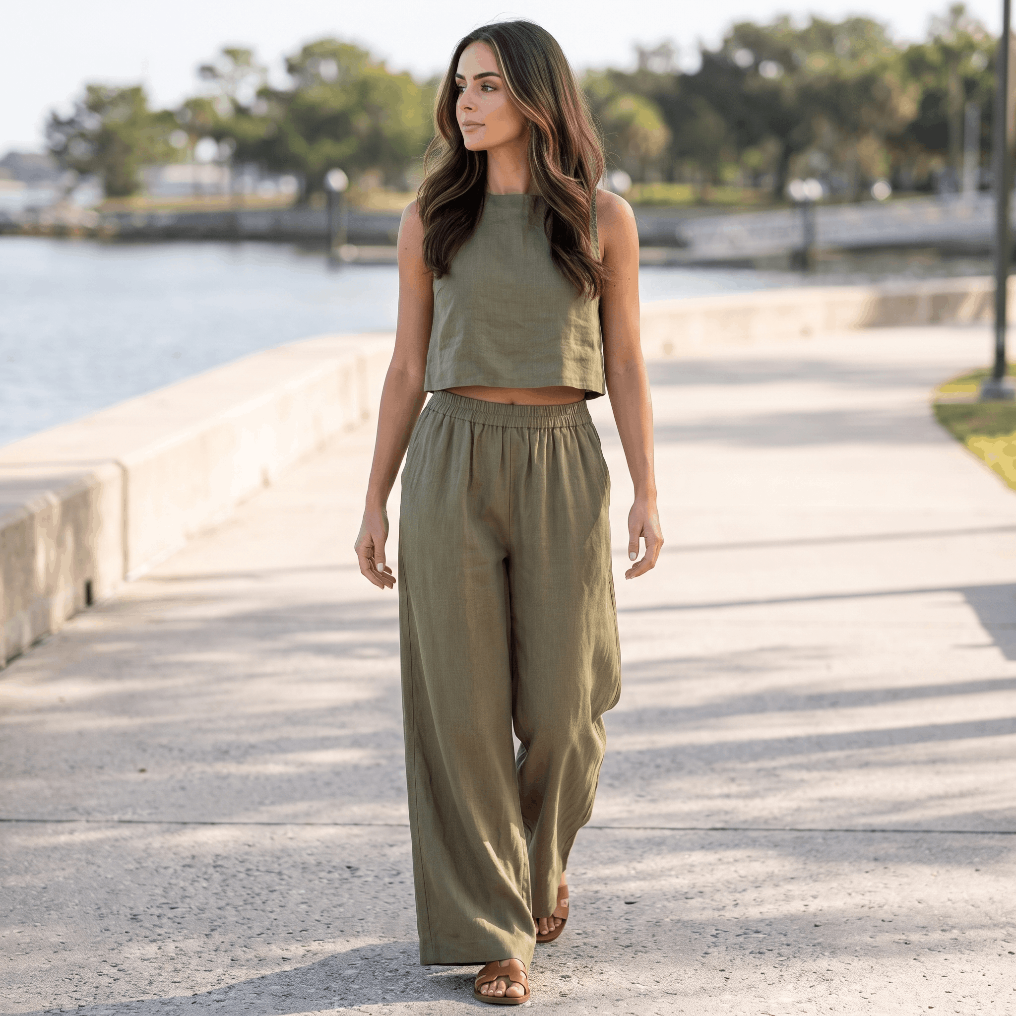 Maria Linen Blend Trouser Set – Sleeveless Cropped Top Wide-Leg Ensemble