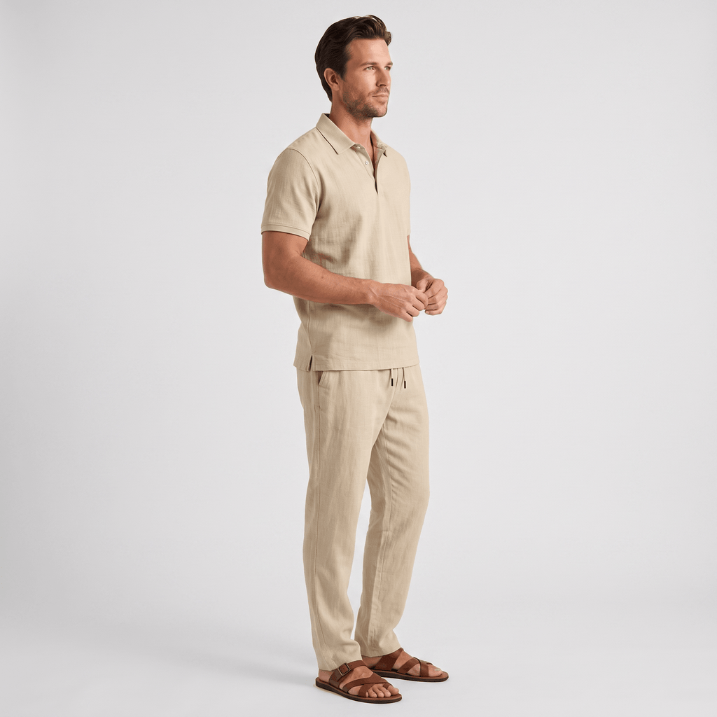 Thomas Textured Linen Polo Set – Relaxed Fit Drawstring Wide-Leg Loungewear