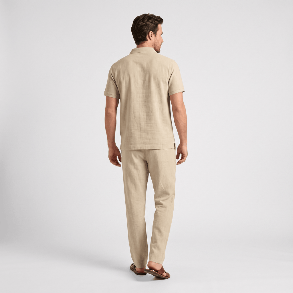 Thomas Textured Linen Polo Set – Relaxed Fit Drawstring Wide-Leg Loungewear