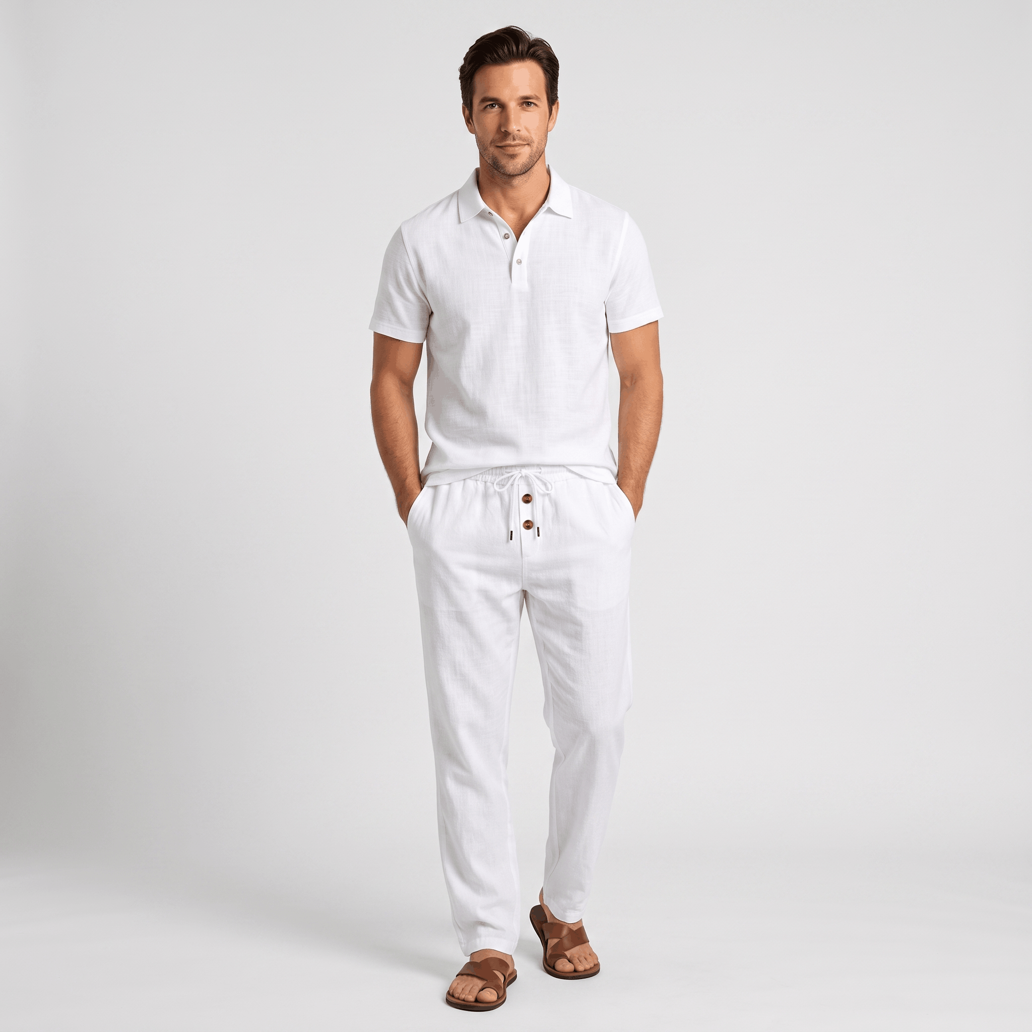 Thomas Textured Linen Polo Set – Relaxed Fit Drawstring Wide-Leg Loungewear