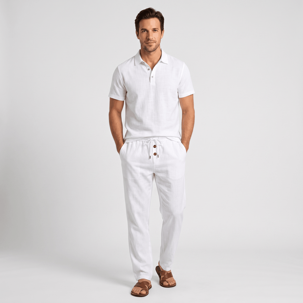 Thomas Textured Linen Polo Set – Relaxed Fit Drawstring Wide-Leg Loungewear