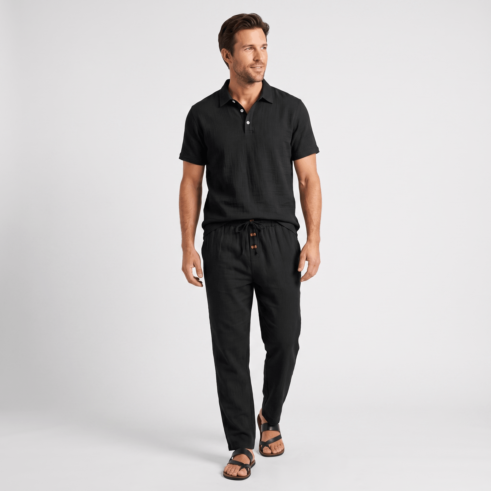 Thomas Textured Linen Polo Set – Relaxed Fit Drawstring Wide-Leg Loungewear