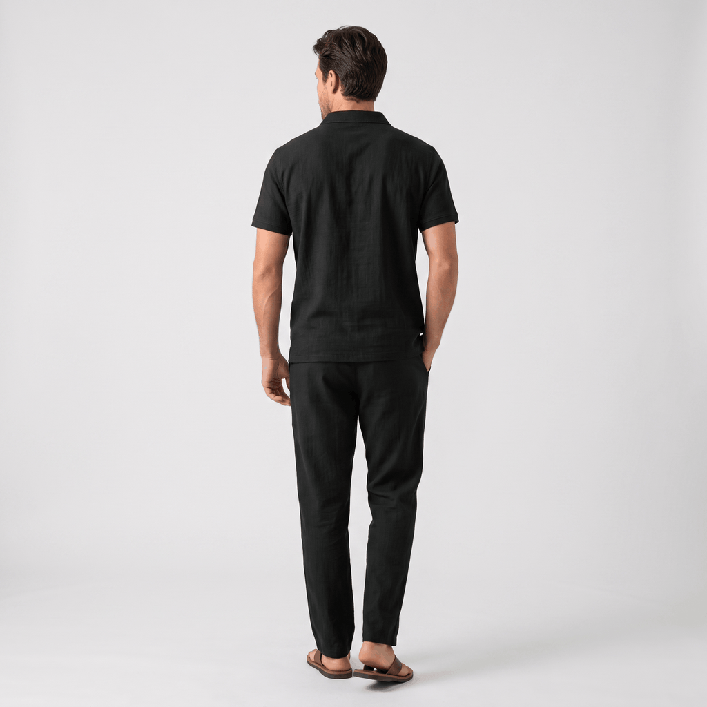 Thomas Textured Linen Polo Set – Relaxed Fit Drawstring Wide-Leg Loungewear