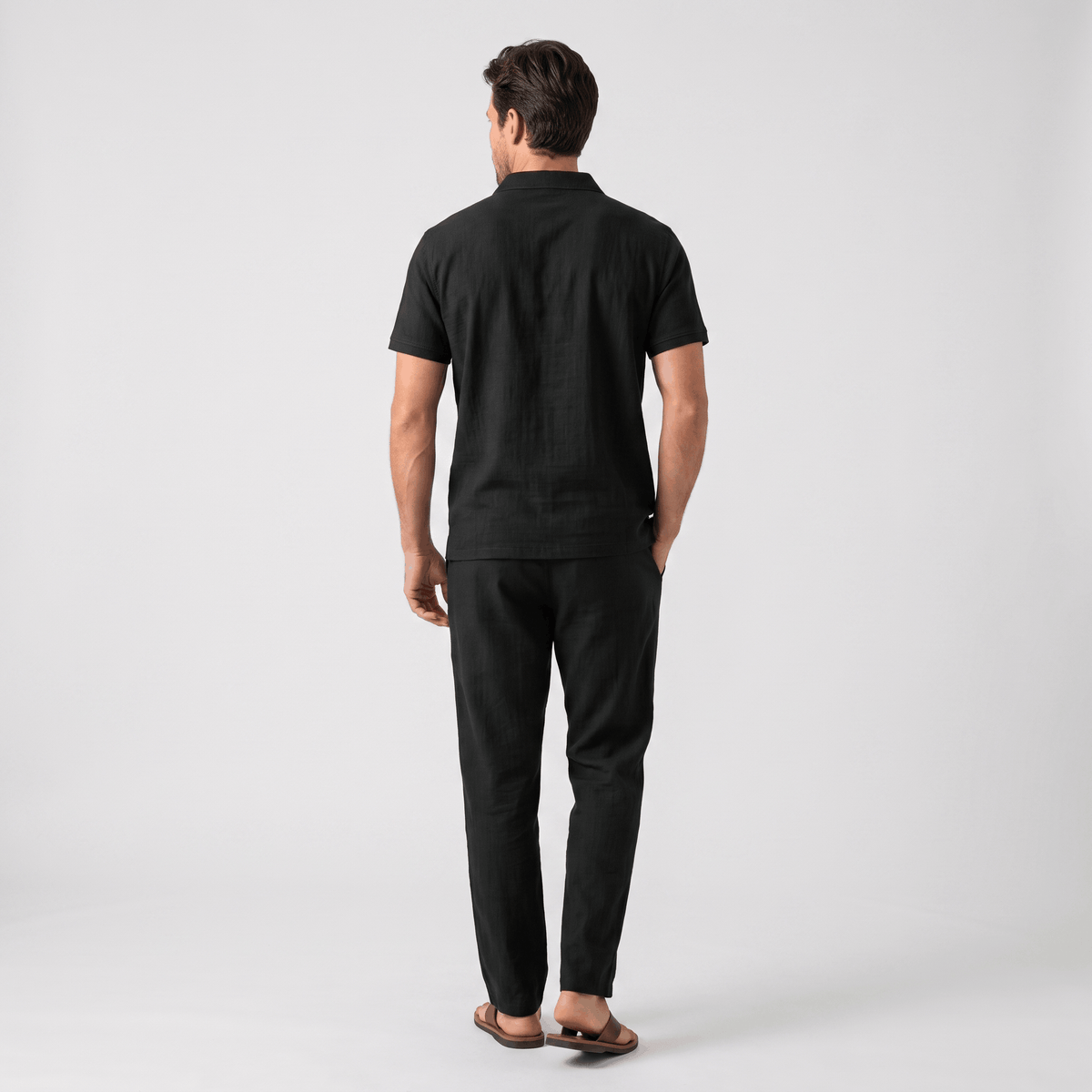 Thomas Textured Linen Polo Set – Relaxed Fit Drawstring Wide-Leg Loungewear