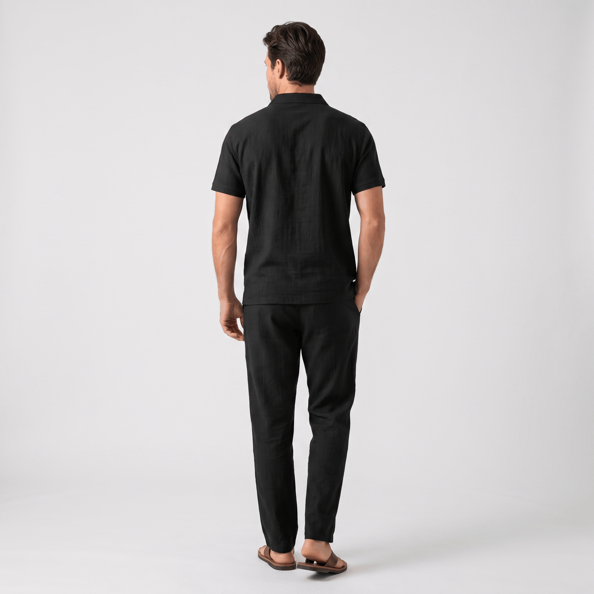 Thomas Textured Linen Polo Set – Relaxed Fit Drawstring Wide-Leg Loungewear