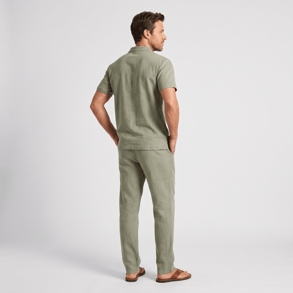Thomas Textured Linen Polo Set – Relaxed Fit Drawstring Wide-Leg Loungewear