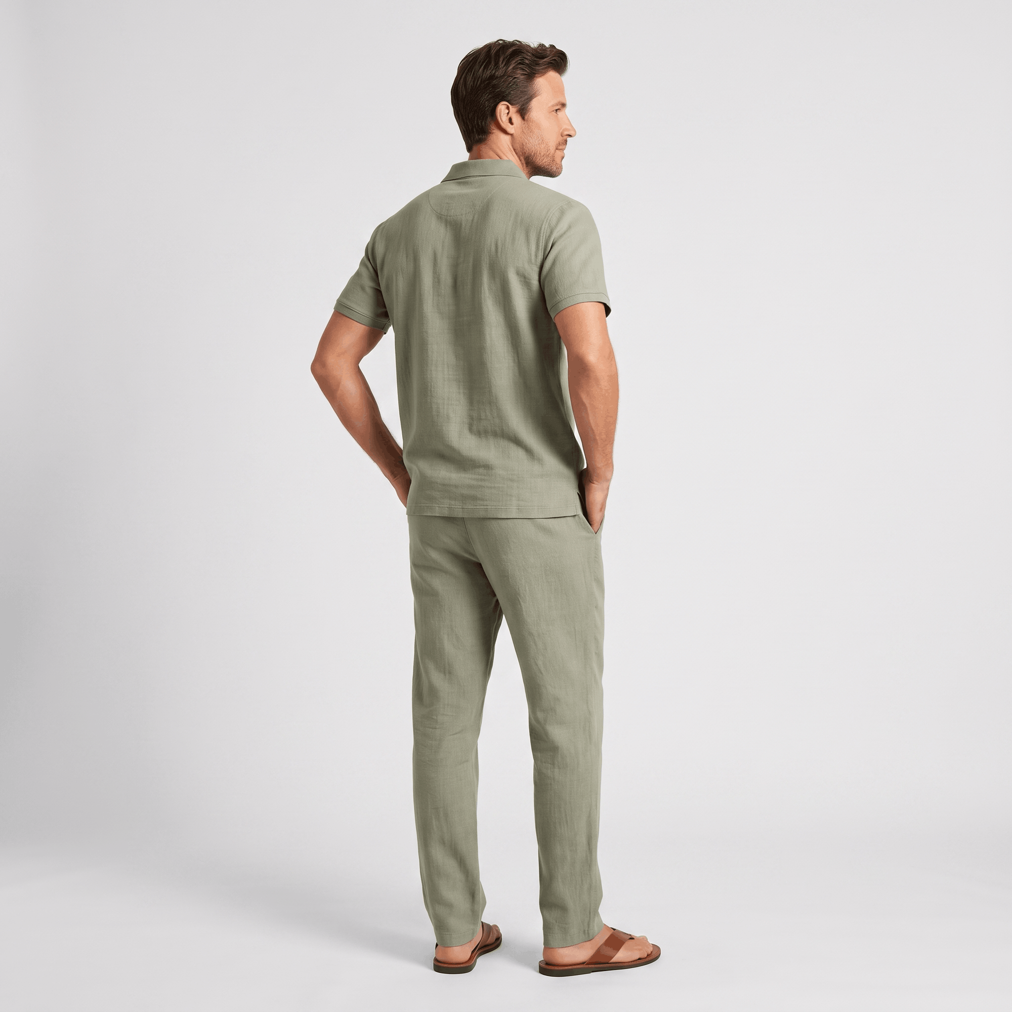 Thomas Textured Linen Polo Set – Relaxed Fit Drawstring Wide-Leg Loungewear