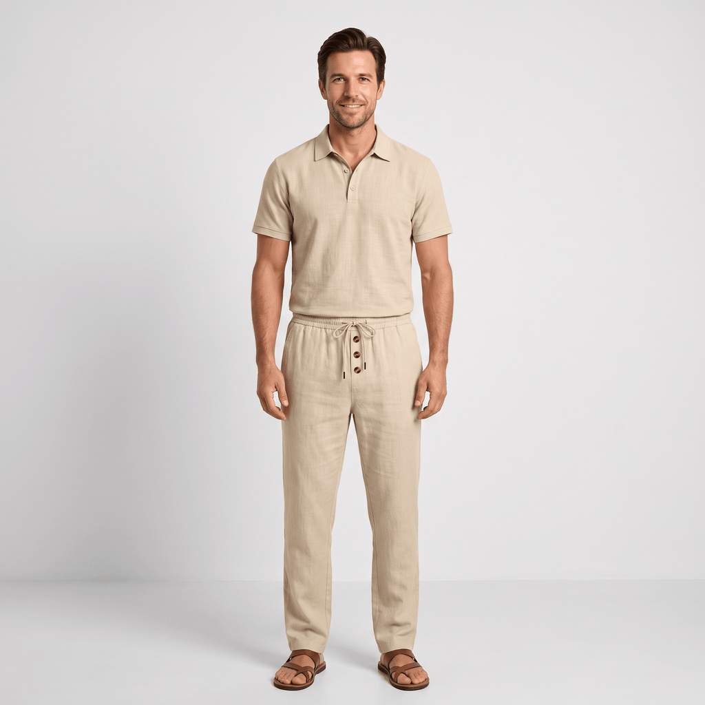 Thomas Textured Linen Polo Set – Relaxed Fit Drawstring Wide-Leg Loungewear