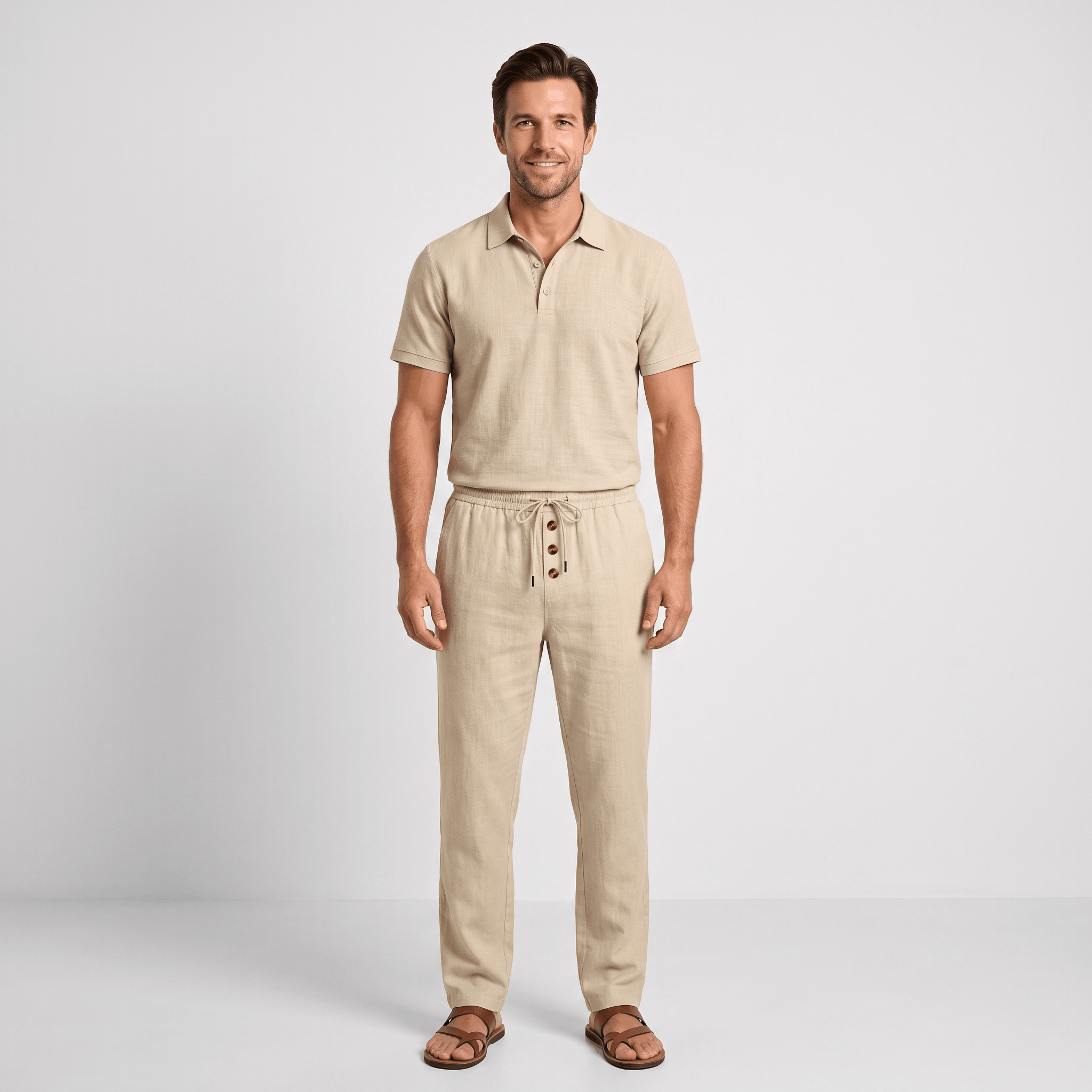 Thomas Textured Linen Polo Set – Relaxed Fit Drawstring Wide-Leg Loungewear