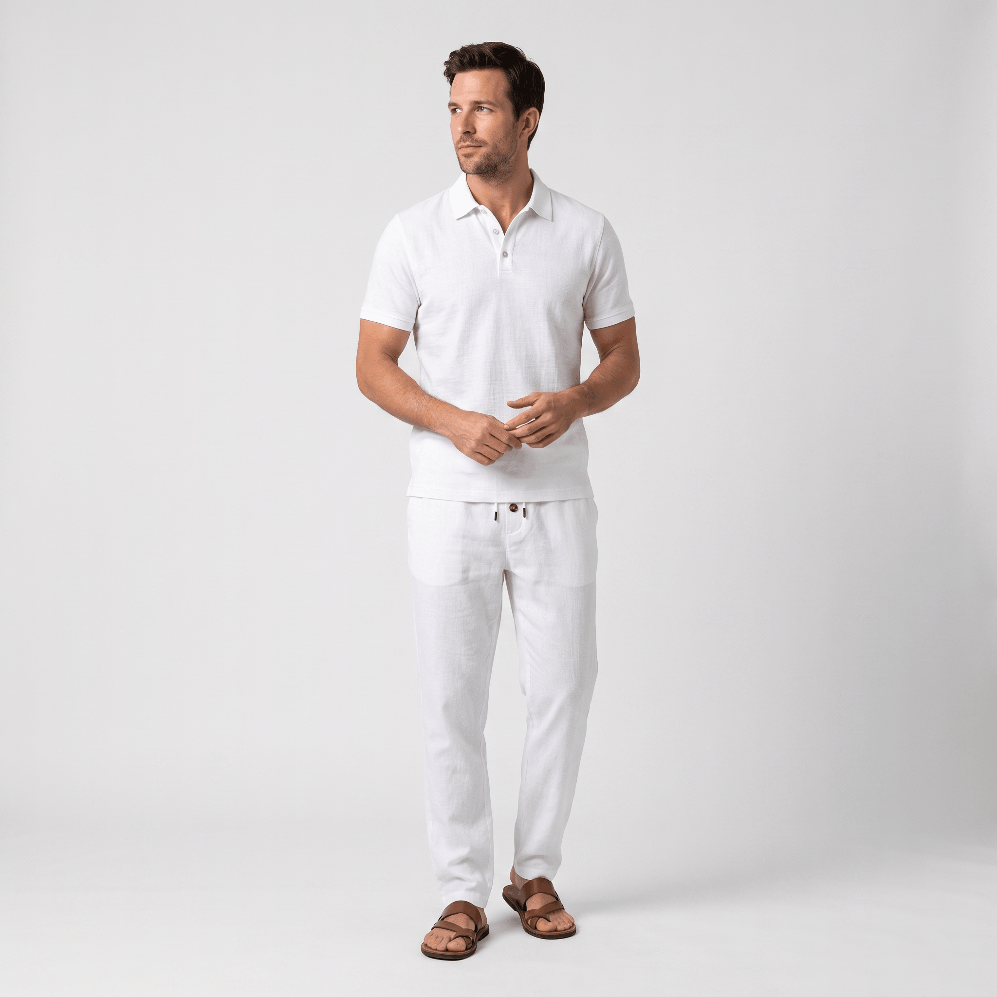 Thomas Textured Linen Polo Set – Relaxed Fit Drawstring Wide-Leg Loungewear
