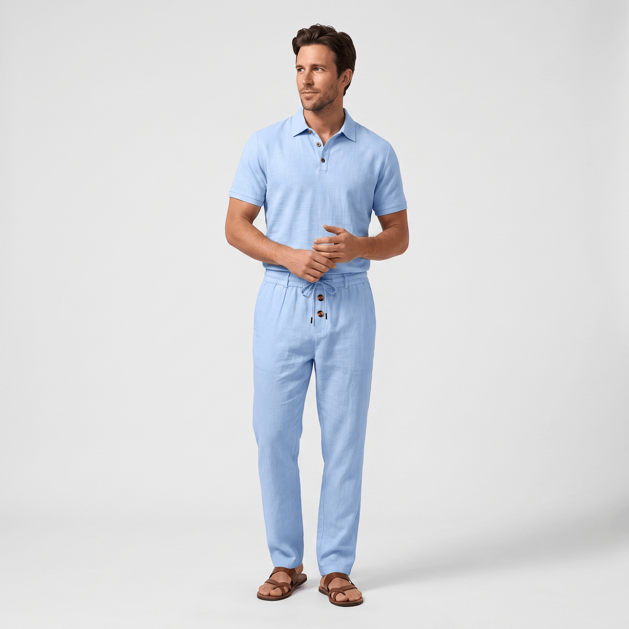 Thomas Textured Linen Polo Set – Relaxed Fit Drawstring Wide-Leg Loungewear