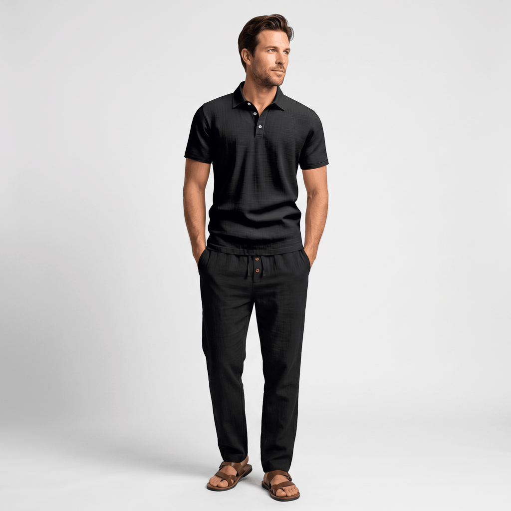 Thomas Textured Linen Polo Set – Relaxed Fit Drawstring Wide-Leg Loungewear