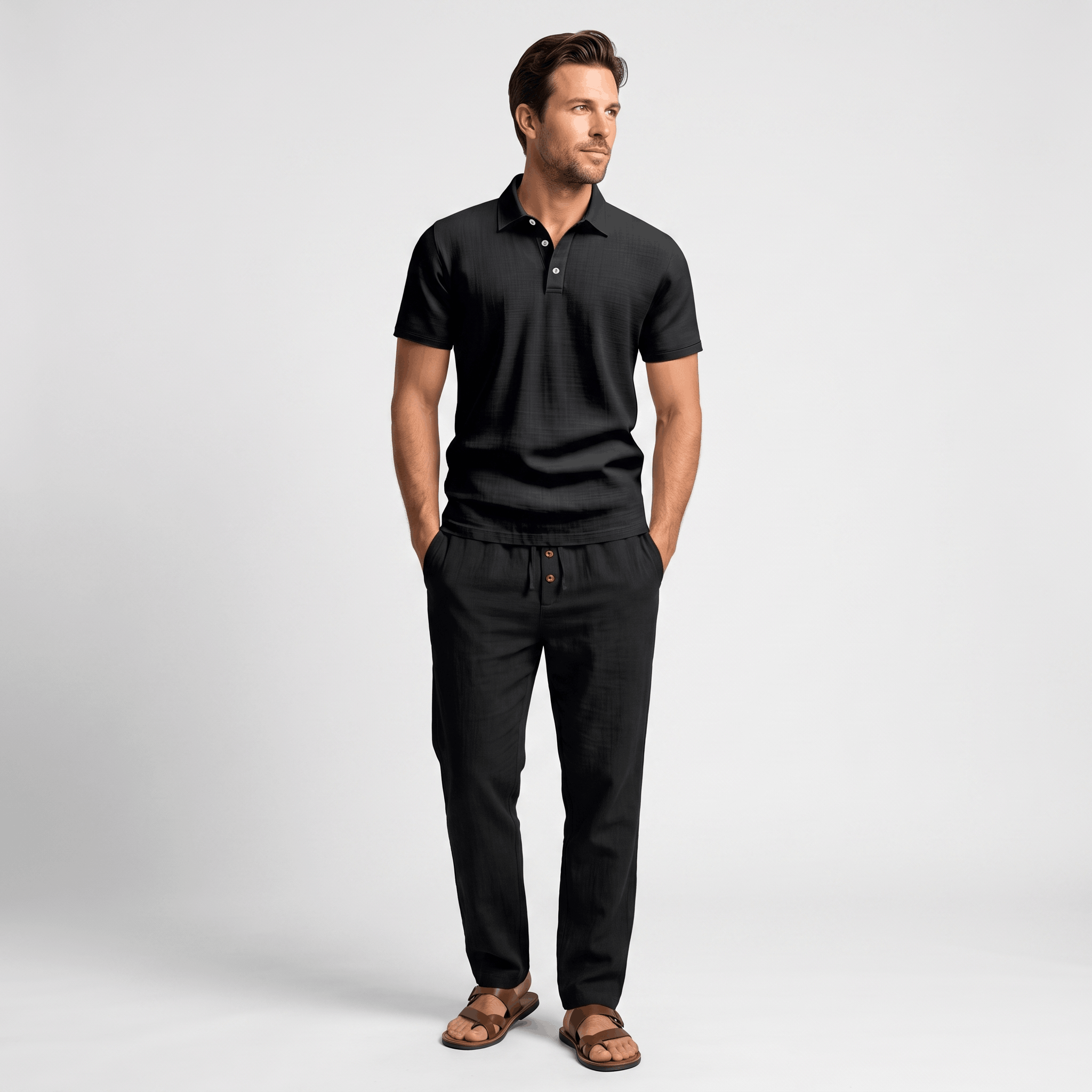 Thomas Textured Linen Polo Set – Relaxed Fit Drawstring Wide-Leg Loungewear