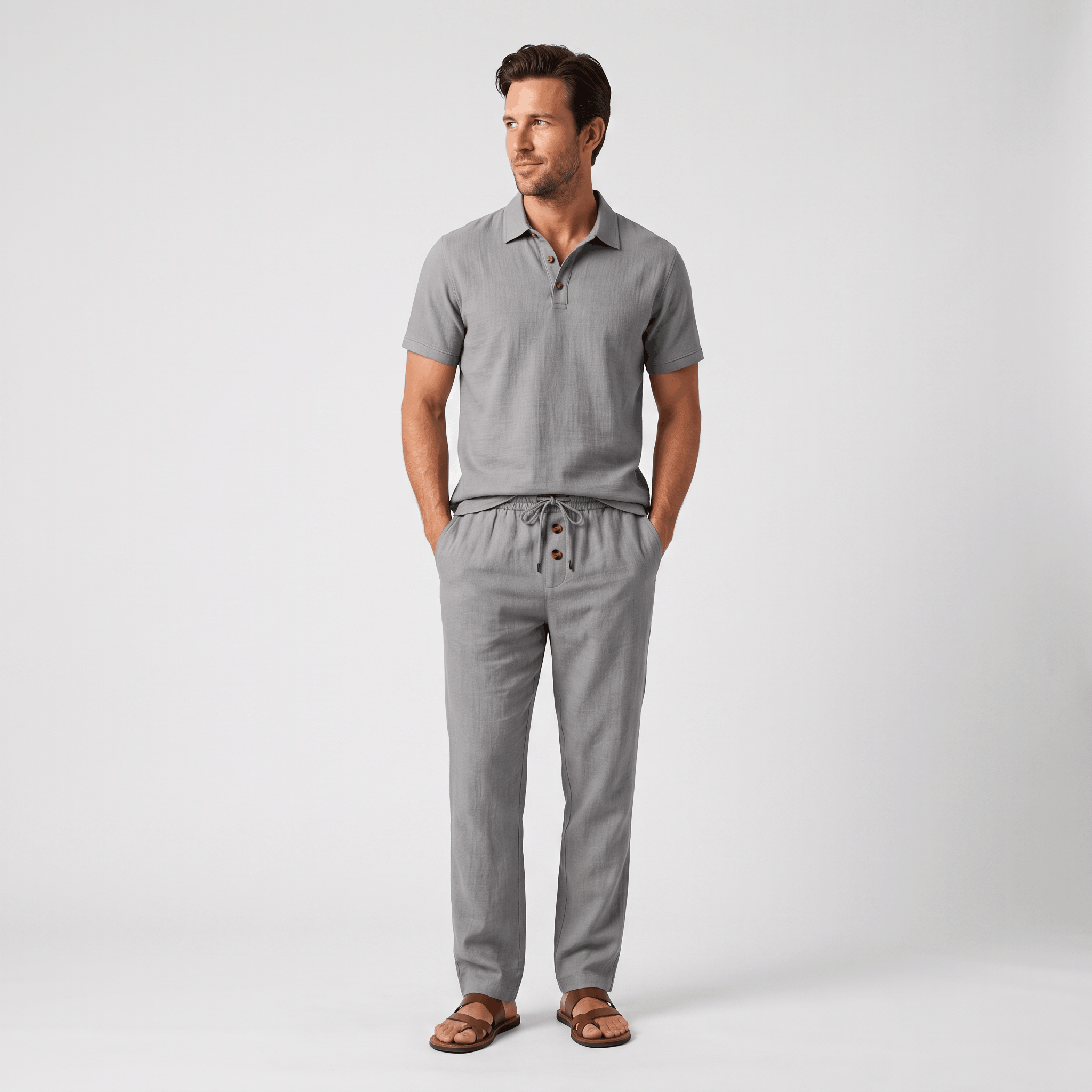 Thomas Textured Linen Polo Set – Relaxed Fit Drawstring Wide-Leg Loungewear