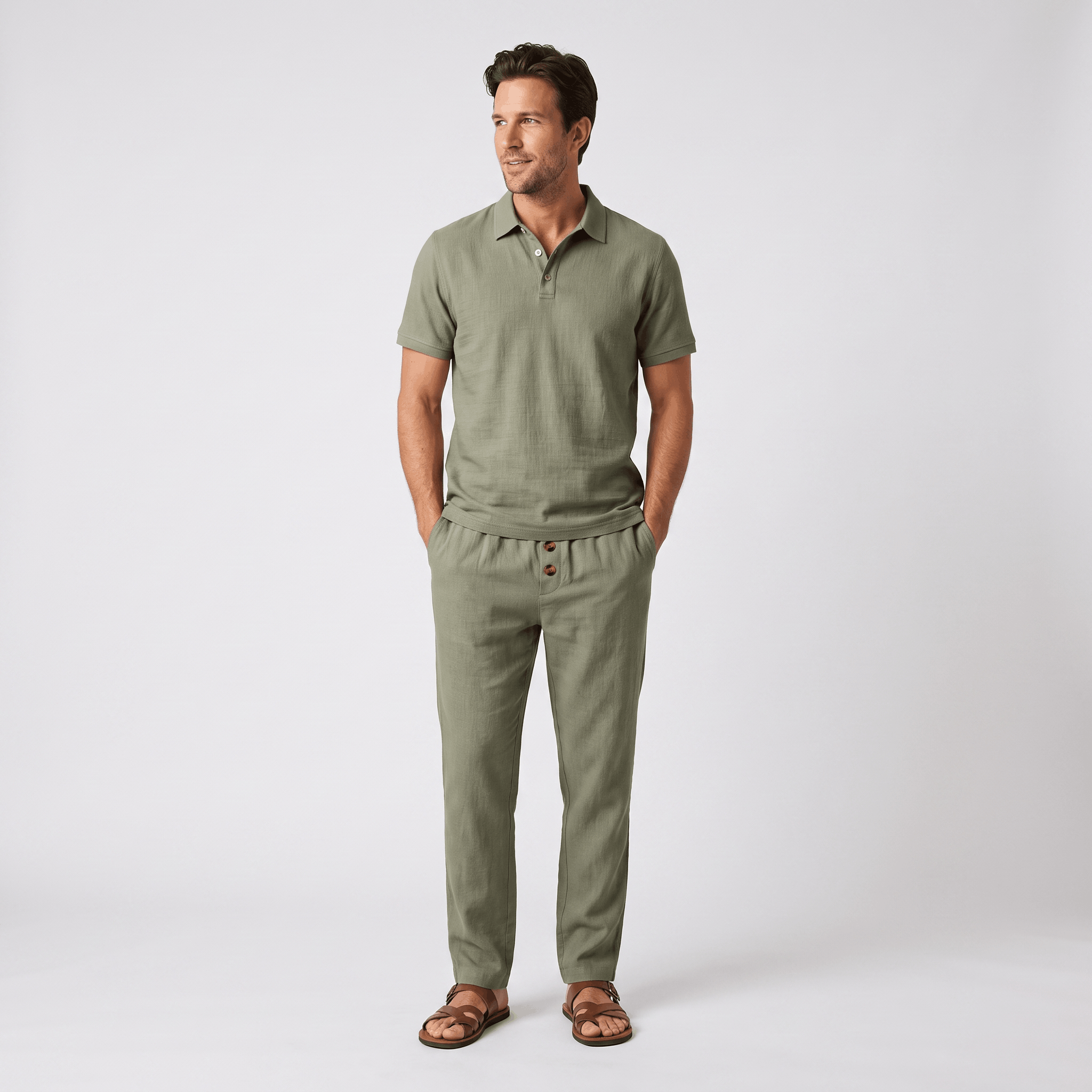 Thomas Textured Linen Polo Set – Relaxed Fit Drawstring Wide-Leg Loungewear