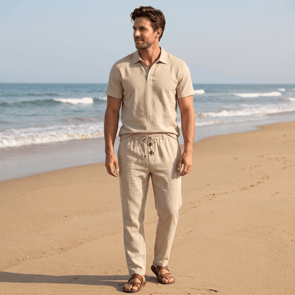 Thomas Textured Linen Polo Set – Relaxed Fit Drawstring Wide-Leg Loungewear